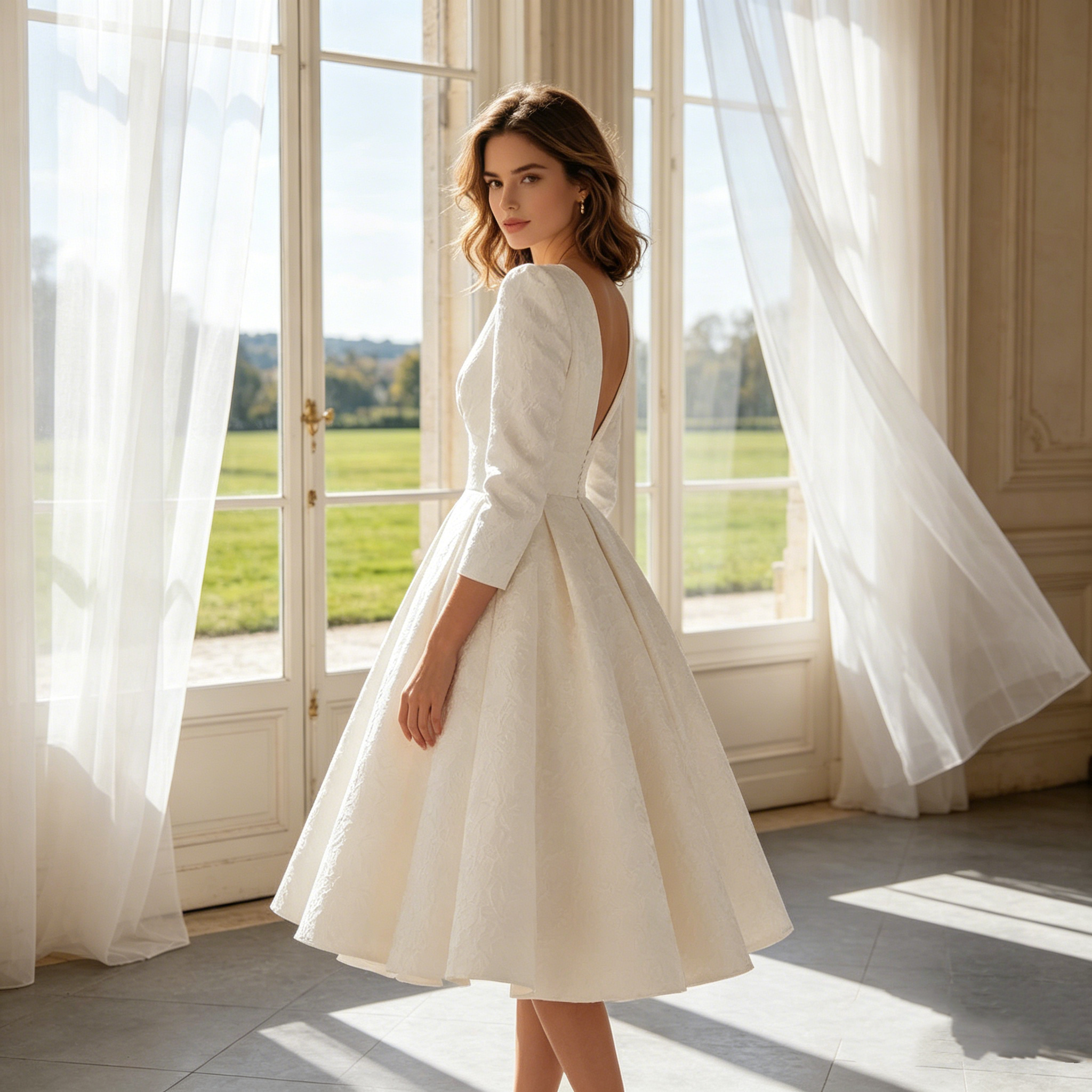 Elegantes Midikleid in Elfenbein – A-Linien-Modell mit femininem V-Ausschnitt, 3/4-Ärmeln und zeitloser Ausstrahlung