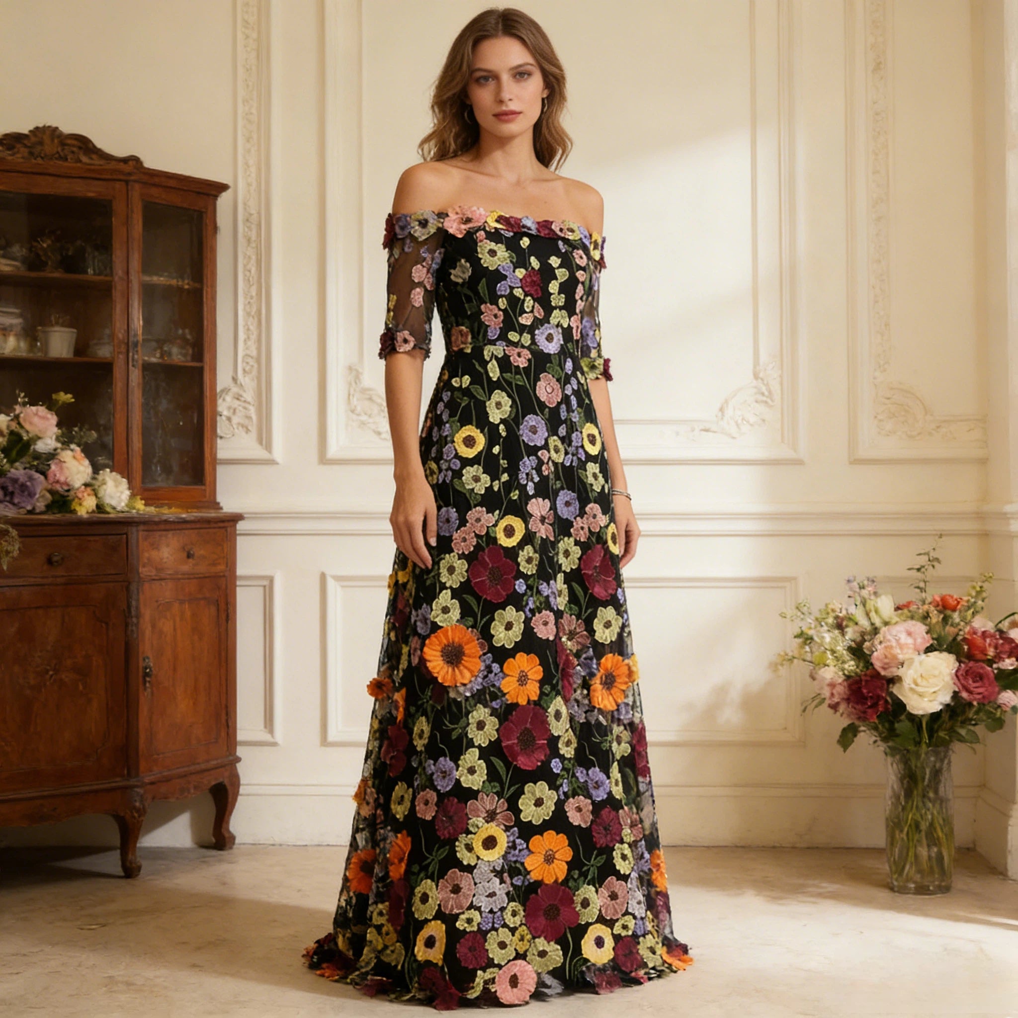 Exklusives Cocktailkleid Schwarz mit bunten 3D-Blumenstickereien Off-Shoulder Vokuhila