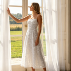 Elegantes Midikleid-Abendkleid aus Spitze - Filigrane Spaghettiträger - Elfenbein Off-White