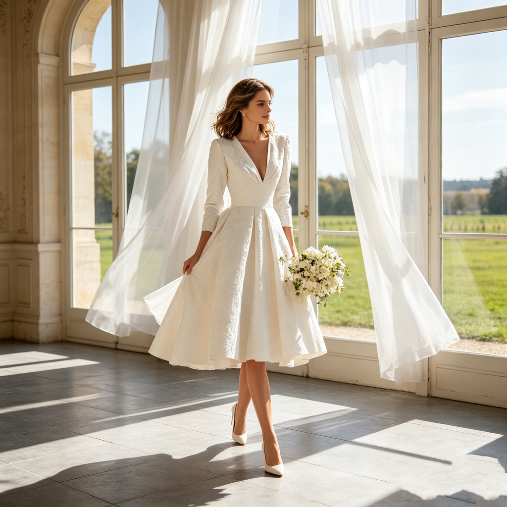 Elegantes Midikleid in Elfenbein – A-Linien-Modell mit femininem V-Ausschnitt, 3/4-Ärmeln und zeitloser Ausstrahlung