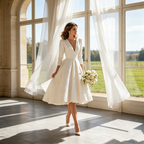 Elegantes Midikleid in Elfenbein – A-Linien-Modell mit femininem V-Ausschnitt, 3/4-Ärmeln und zeitloser Ausstrahlung