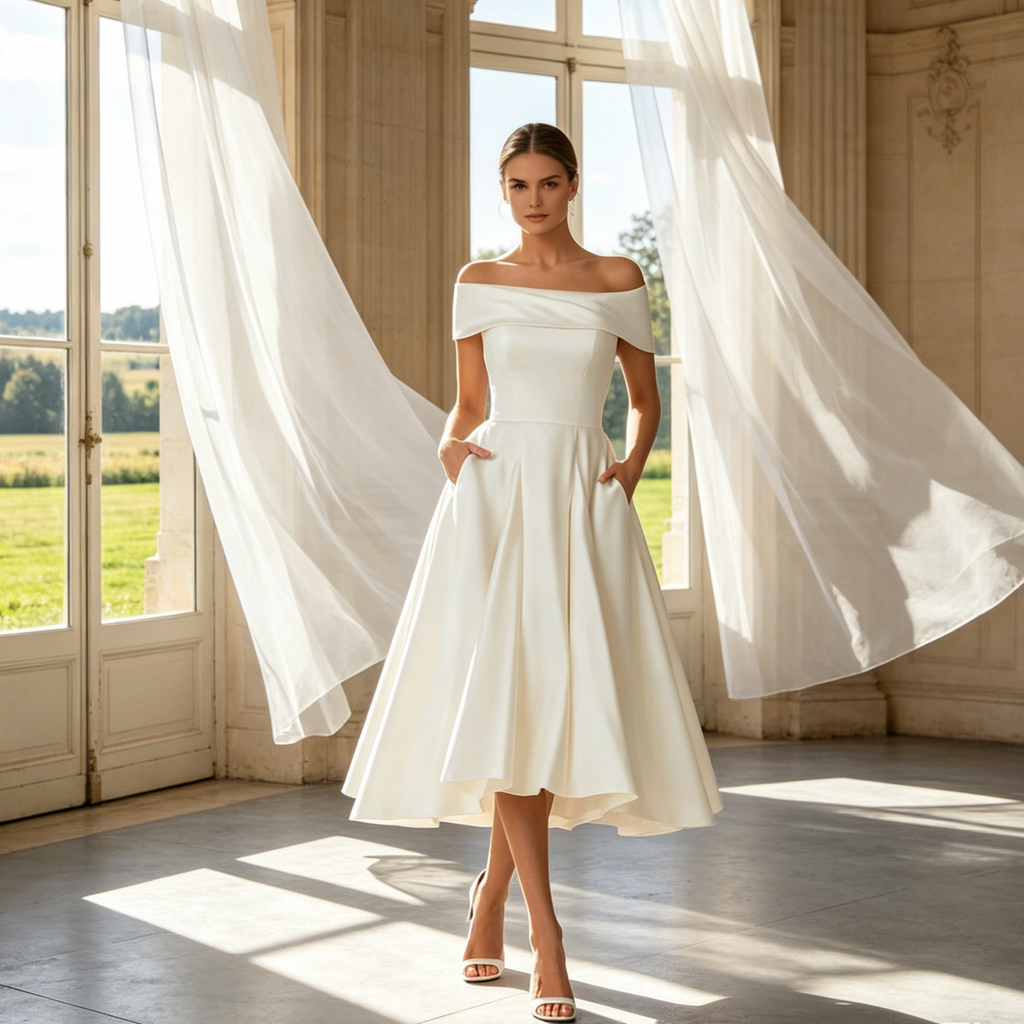 Exklusives Midikleid Maxikleid in strahlendem Weiß – Elegantes A-Linien-Modell mit verführerischem schulterfreien Ausschnitt und zeitloser Silhouette