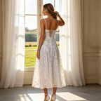 Elegantes Midikleid-Abendkleid aus Spitze - Filigrane Spaghettiträger - Elfenbein Off-White