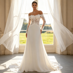 Off-Shoulder Abendkleid - Elegante Spitzenärmel & Fließender Rock - Elfenbein