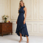 Exklusives Cocktailkleid Weinrot Trägerlos mit Kaskaden-Rüschen und Stufen-Saum