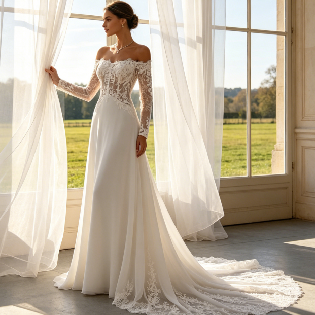 Off-Shoulder Abendkleid - Elegante Spitzenärmel & Fließender Rock - Elfenbein
