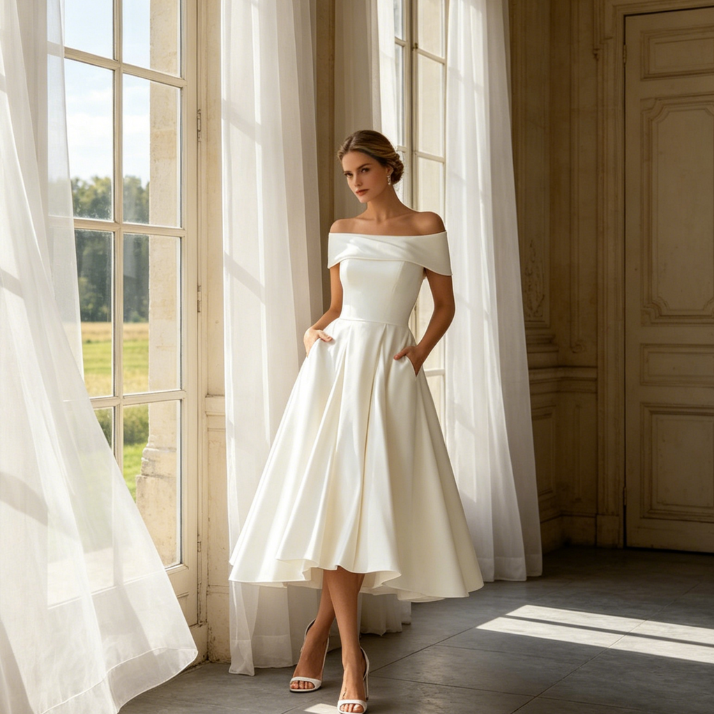 Exklusives Midikleid Maxikleid in strahlendem Weiß – Elegantes A-Linien-Modell mit verführerischem schulterfreien Ausschnitt und zeitloser Silhouette