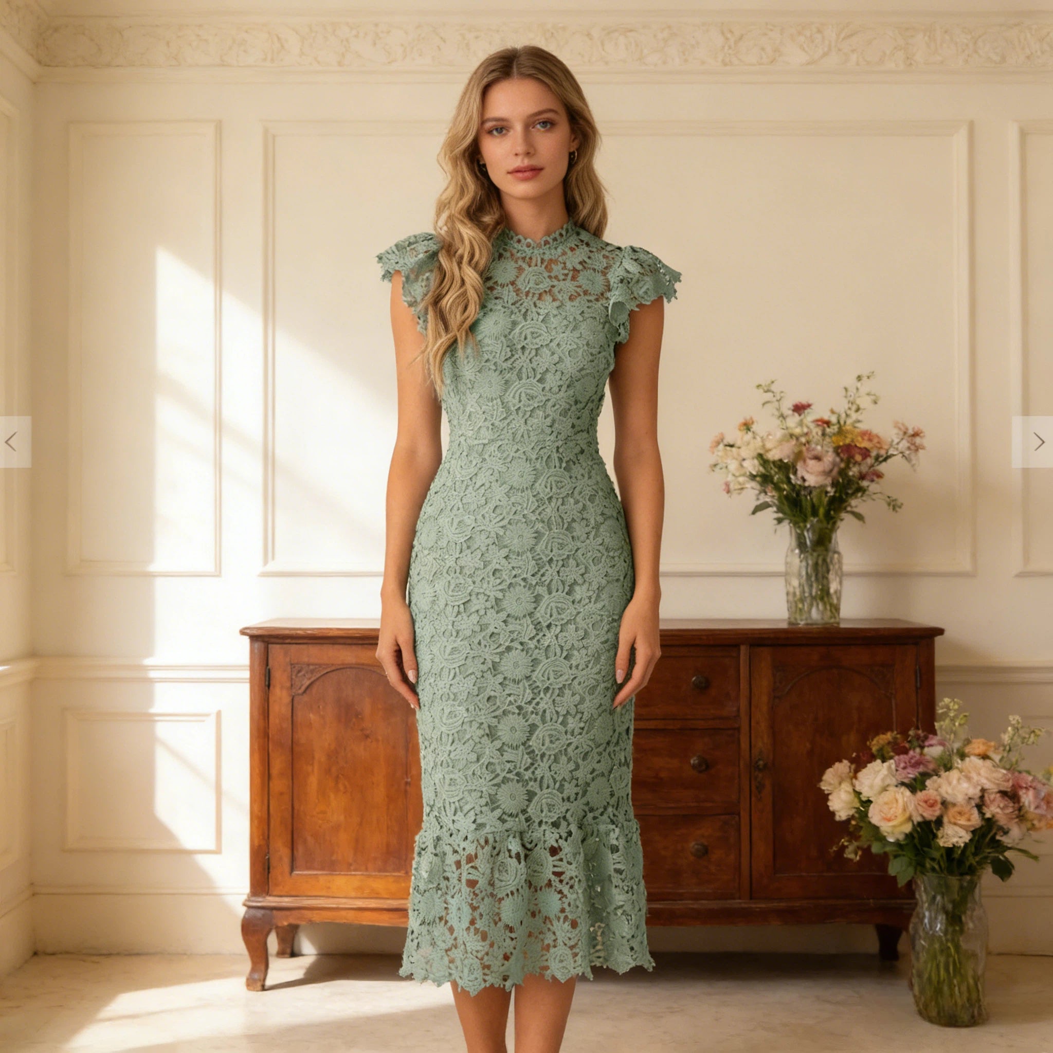 Elegantes Cocktailkleid Salbeigrün aus Spitze mit Stehkragen und Meerjungfrau-Saum