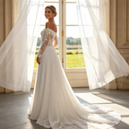 Off-Shoulder Abendkleid - Elegante Spitzenärmel & Fließender Rock - Elfenbein