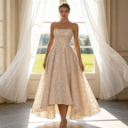 Bodenlanges Cocktailkleid mit High-Low-Saum – Festliches Kleid mit Korsagen-Oberteil