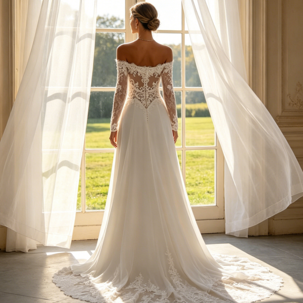 Off-Shoulder Abendkleid - Elegante Spitzenärmel & Fließender Rock - Elfenbein