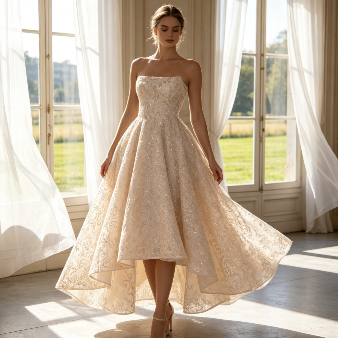 Bodenlanges Cocktailkleid mit High-Low-Saum – Festliches Kleid mit Korsagen-Oberteil