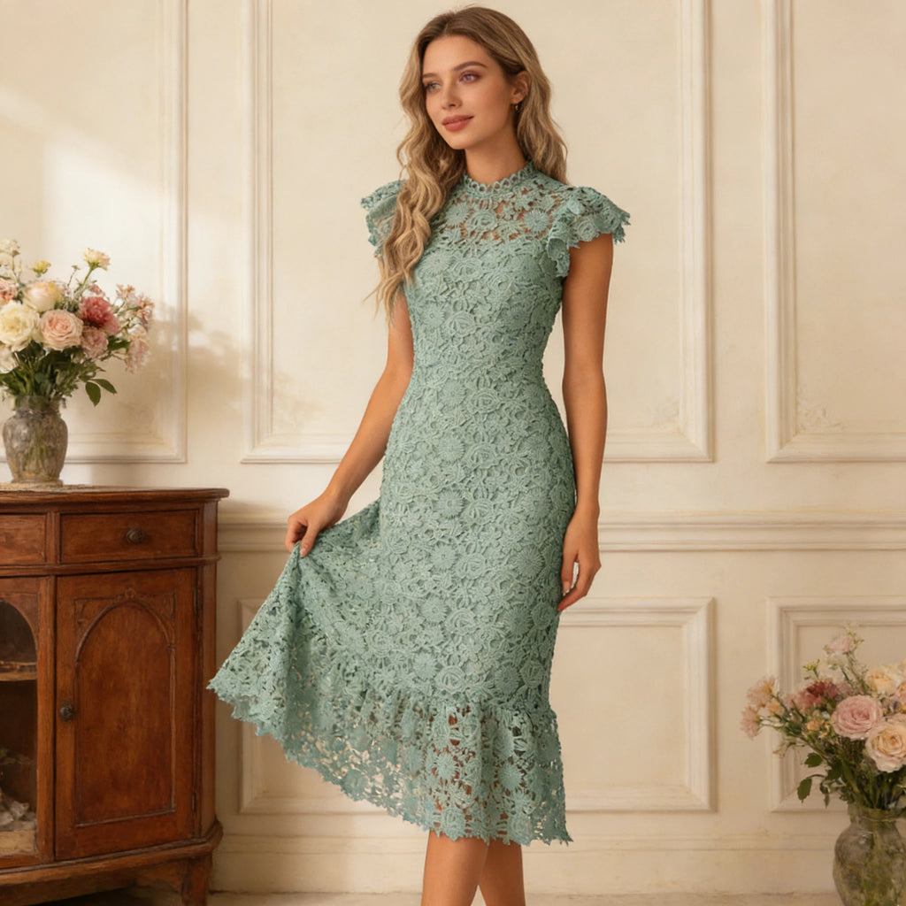 Elegantes Cocktailkleid Salbeigrün aus Spitze mit Stehkragen und Meerjungfrau-Saum