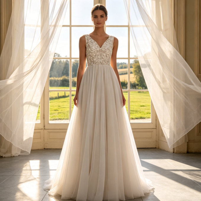 Festliches V-Ausschnitt Abendkleid - Elegante Bestickung & Luftiger Tüllrock - Elfenbein