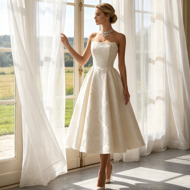 Wadenlanges Galakleid mit ausgestelltem Rock – Festliches Kleid mit Korsagen-Oberteil