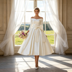 Elegantes Midikleid in Elfenbein – Exklusives Off-Shoulder-Modell mit abnehmbarem Schleifen-Detail und zeitloser Silhouette