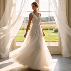 Festliches V-Ausschnitt Abendkleid - Elegante Bestickung & Luftiger Tüllrock - Elfenbein