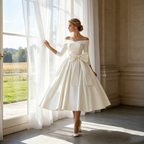 Elegantes Midikleid in Elfenbein – Exklusives Off-Shoulder-Modell mit abnehmbarem Schleifen-Detail und zeitloser Silhouette