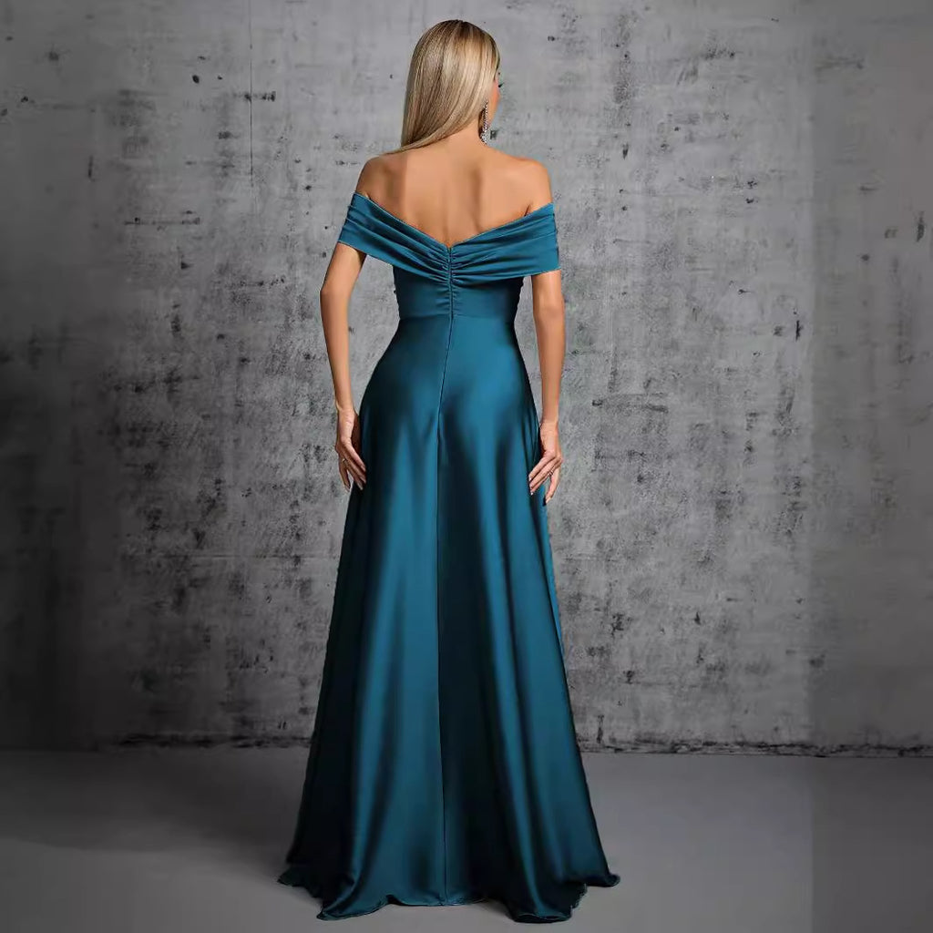 Elegantes Abendkleid Satin Dunkelblau Off Shoulder Bodenlanges Ballkleid für Galas Events
