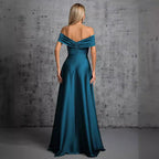 Elegantes Abendkleid Satin Dunkelblau Off Shoulder Bodenlanges Ballkleid für Galas Events