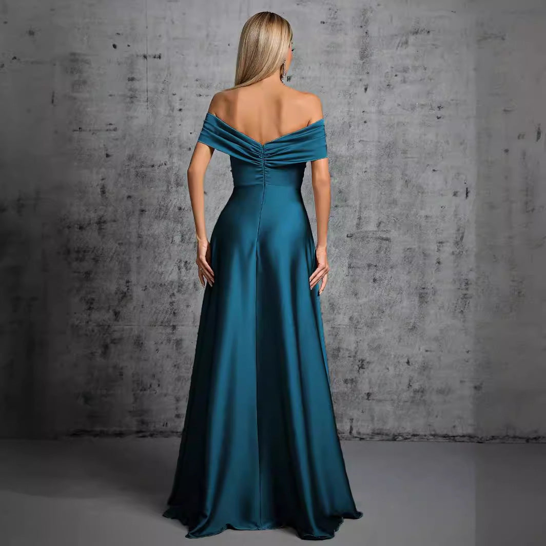 Elegantes Abendkleid Satin Dunkelblau Off Shoulder Bodenlanges Ballkleid für Galas Events