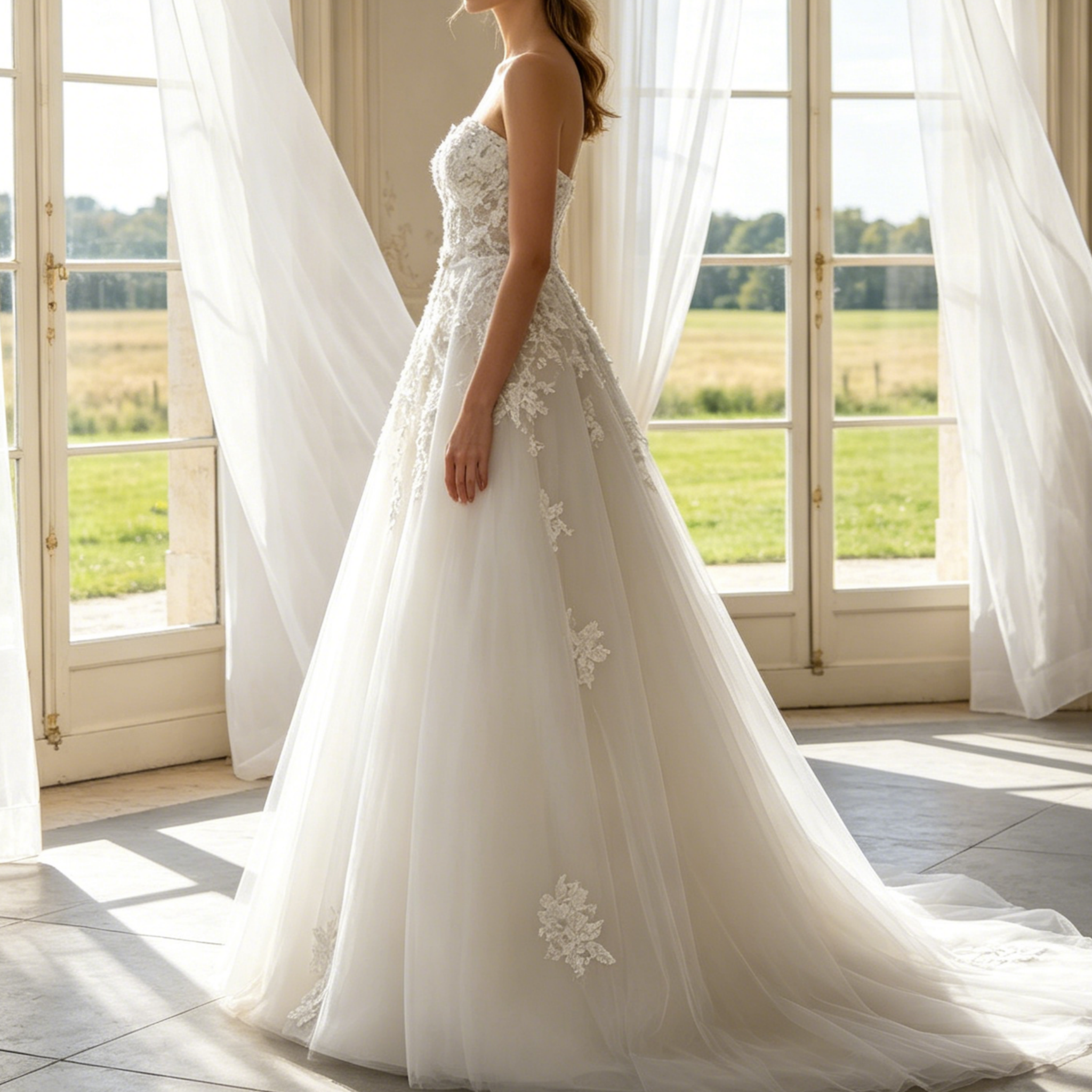 Exklusives Maxikleid in strahlendem Weiß – Elegantes A-Linien-Modell mit kunstvollen Applikationen und zeitloser Silhouette