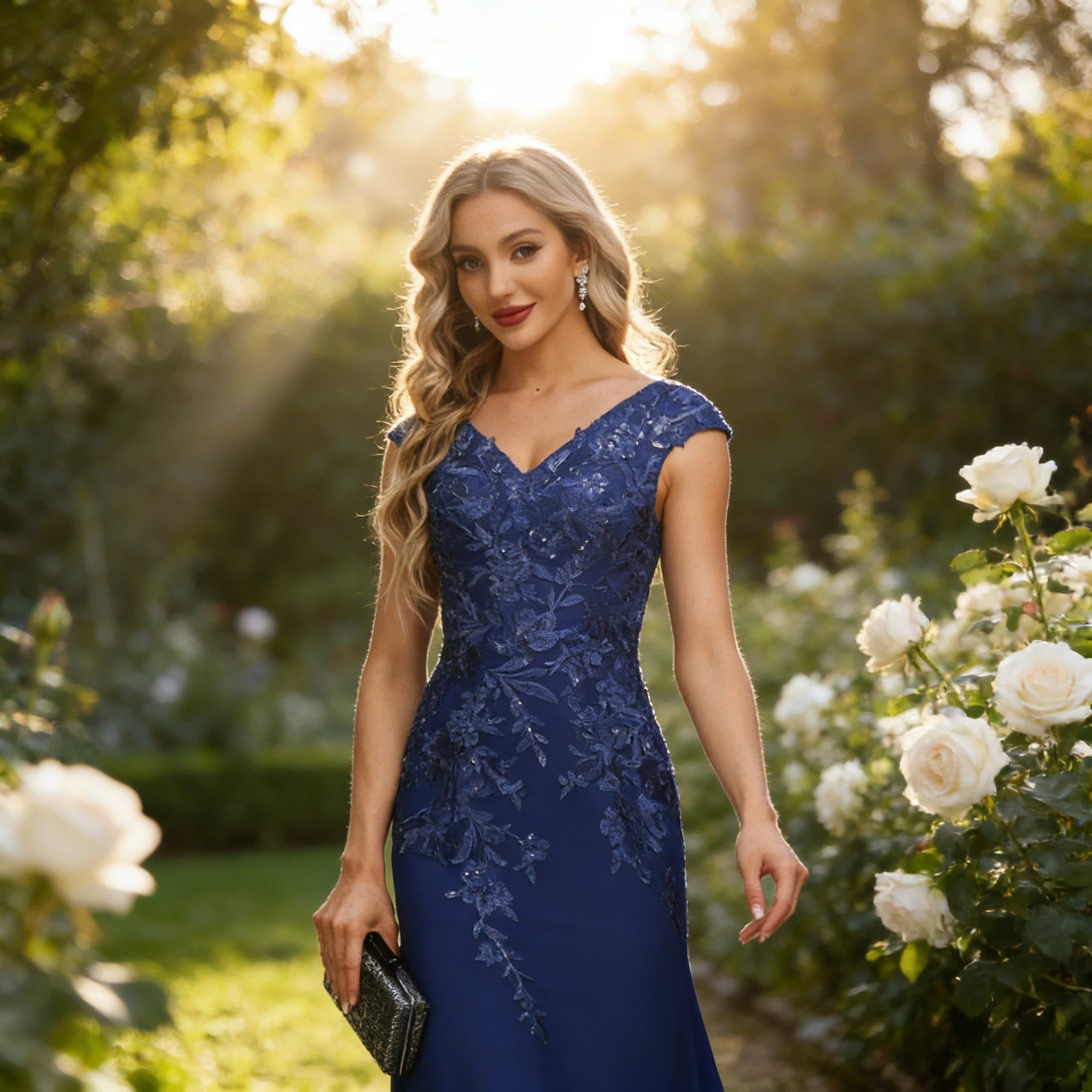 Edles Abendkleid Königsblau mit Spitzen-Applikationen und Pailletten Bodenlang
