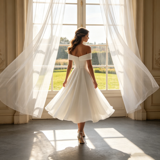 Damen Midi Cocktailkleid Weiß Off-Shoulder A-Linie für Formelle Anlässe