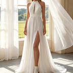 Traumhaftes Boho-Maxikleid in Elfenbein – A-Linien-Modell mit Neckholder-Ausschnitt, feiner Spitze und fließendem Chiffon