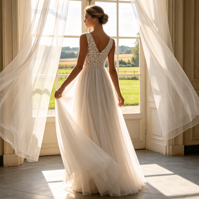 Festliches V-Ausschnitt Abendkleid - Elegante Bestickung & Luftiger Tüllrock - Elfenbein
