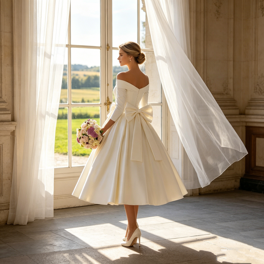 Elegantes Midikleid in Elfenbein – Exklusives Off-Shoulder-Modell mit abnehmbarem Schleifen-Detail und zeitloser Silhouette
