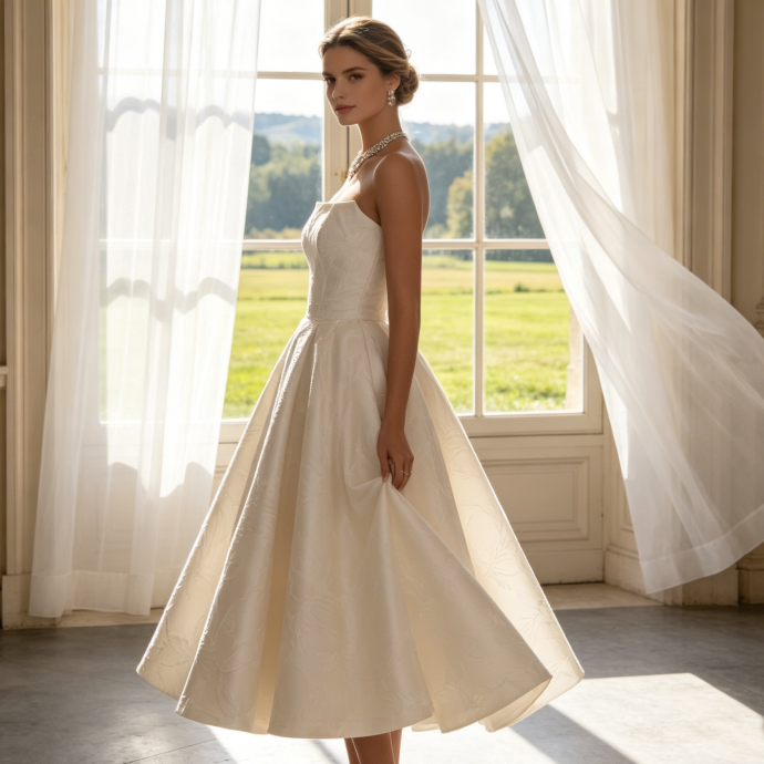 Wadenlanges Galakleid mit ausgestelltem Rock – Festliches Kleid mit Korsagen-Oberteil