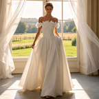 Satin-Abendkleid mit 3D-Blüten-Dekolleté - Elegante Ballrobe - Elfenbein