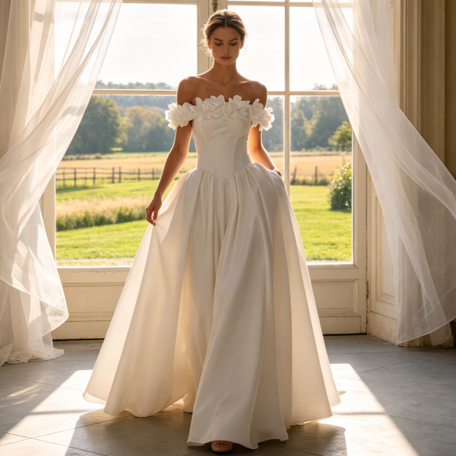 Satin-Abendkleid mit 3D-Blüten-Dekolleté - Elegante Ballrobe - Elfenbein
