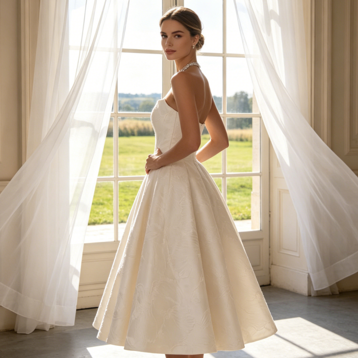 Wadenlanges Galakleid mit ausgestelltem Rock – Festliches Kleid mit Korsagen-Oberteil