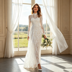 Exklusives Maxikleid in Elfenbein – Elegantes Etuimodell mit kunstvoller Spitze und hochgeschlossenem Design für besondere Momente
