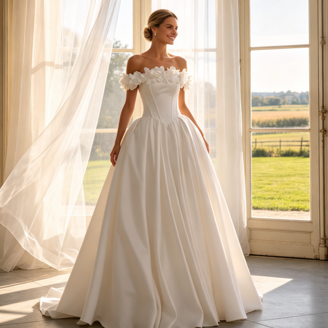 Satin-Abendkleid mit 3D-Blüten-Dekolleté - Elegante Ballrobe - Elfenbein
