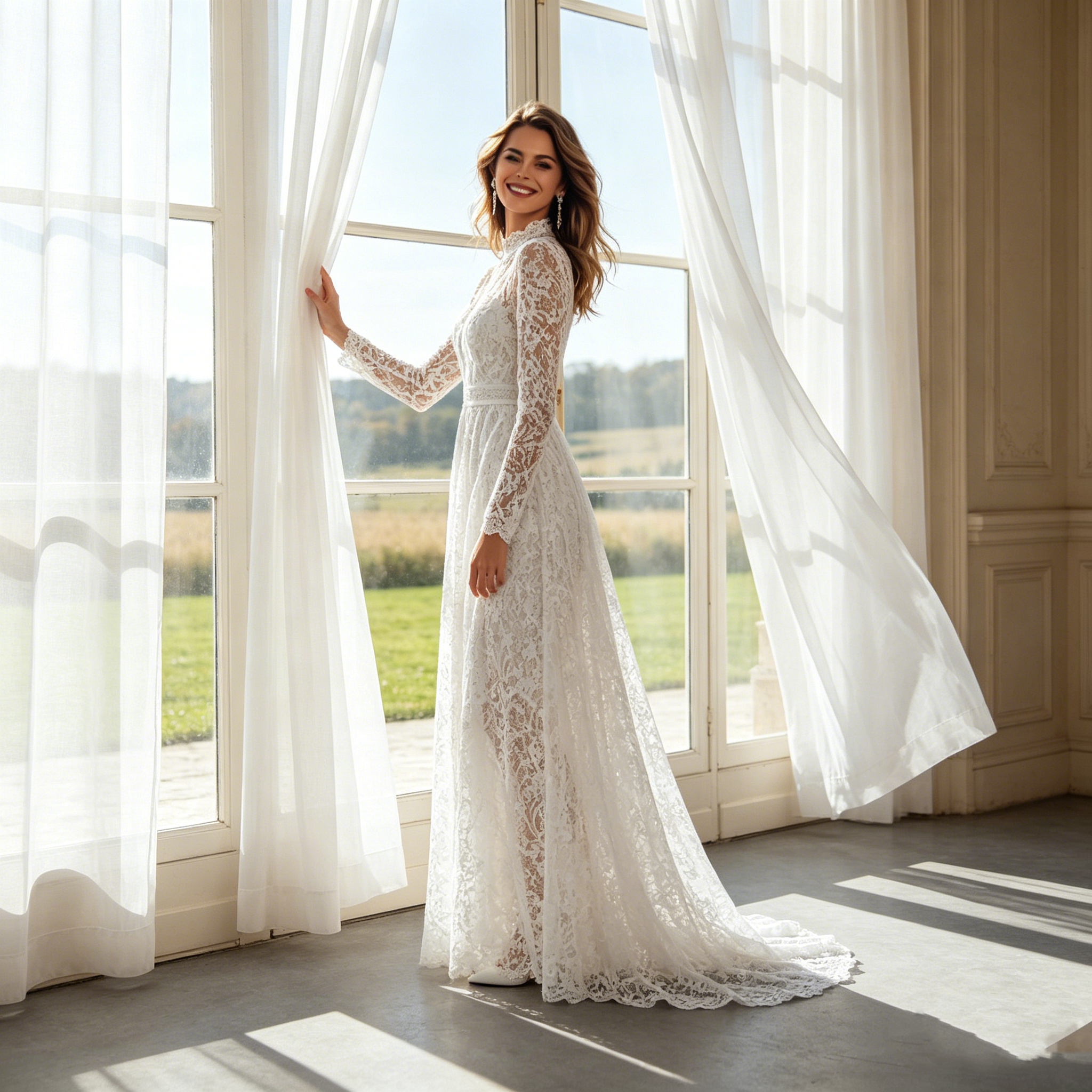 Exklusives Maxikleid in Elfenbein – Elegantes Etuimodell mit kunstvoller Spitze und hochgeschlossenem Design für besondere Momente