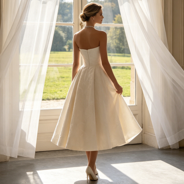 Wadenlanges Galakleid mit ausgestelltem Rock – Festliches Kleid mit Korsagen-Oberteil