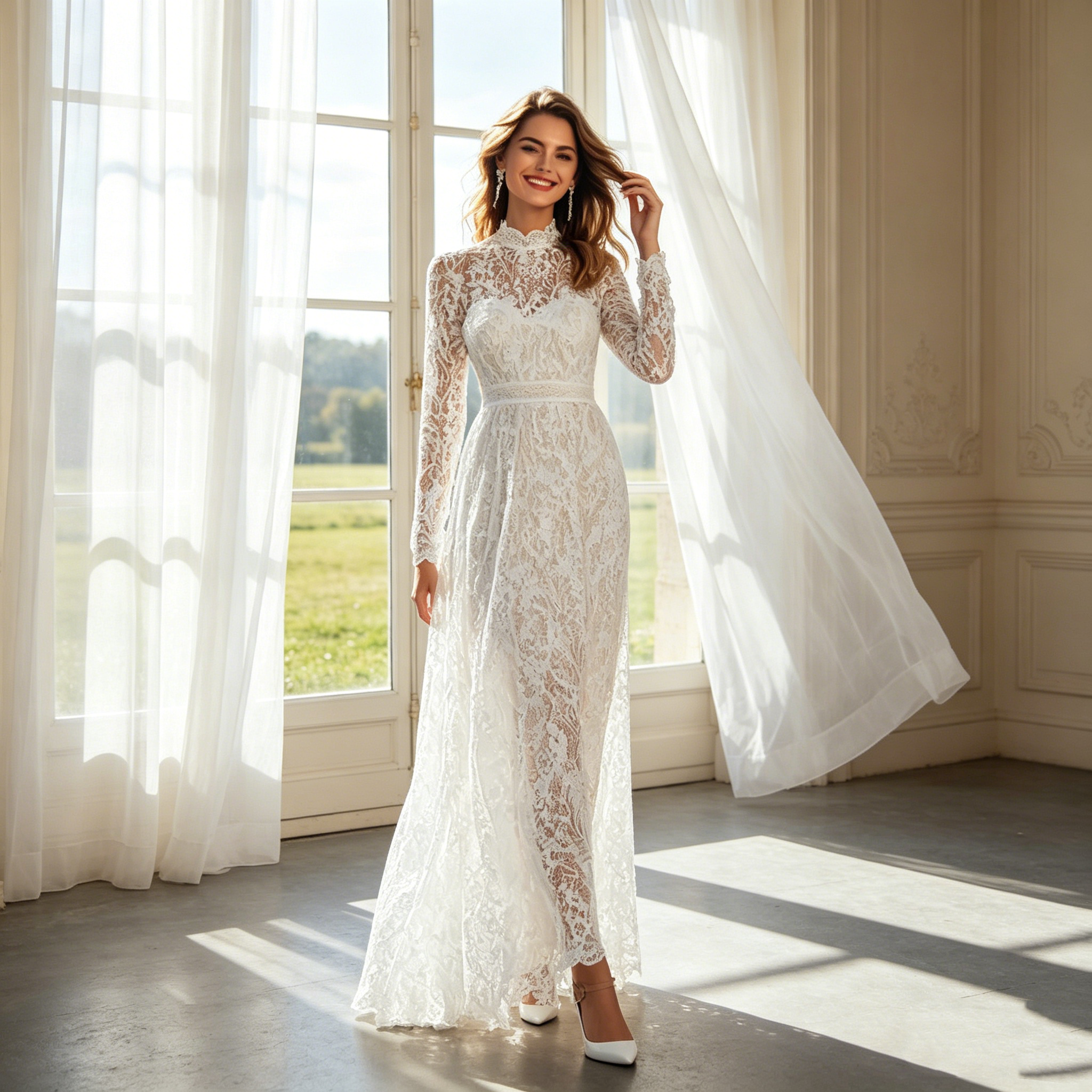 Exklusives Maxikleid in Elfenbein – Elegantes Etuimodell mit kunstvoller Spitze und hochgeschlossenem Design für besondere Momente