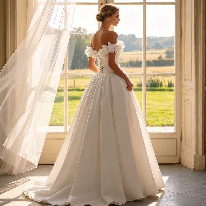 Satin-Abendkleid mit 3D-Blüten-Dekolleté - Elegante Ballrobe - Elfenbein