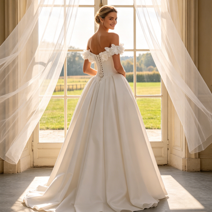 Satin-Abendkleid mit 3D-Blüten-Dekolleté - Elegante Ballrobe - Elfenbein