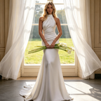 Hochgeschlossene Abendrobe mit Rückenausschnitt – Schmal geschnittenes Kleid mit Schleppe