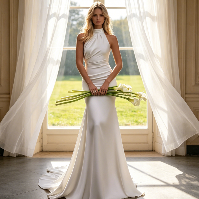 Hochgeschlossene Abendrobe mit Rückenausschnitt – Schmal geschnittenes Kleid mit Schleppe