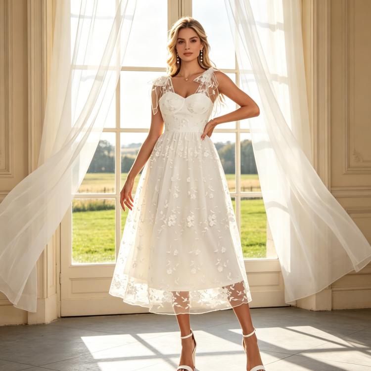 Romantisches Midikleid-Abendkleid mit Floral-Stickerei - Verspielte Schleifenträger - Elfenbein