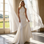 Hochgeschlossene Abendrobe mit Rückenausschnitt – Schmal geschnittenes Kleid mit Schleppe