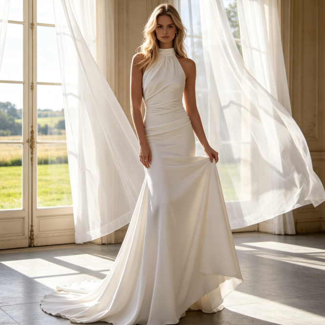 Hochgeschlossene Abendrobe mit Rückenausschnitt – Schmal geschnittenes Kleid mit Schleppe