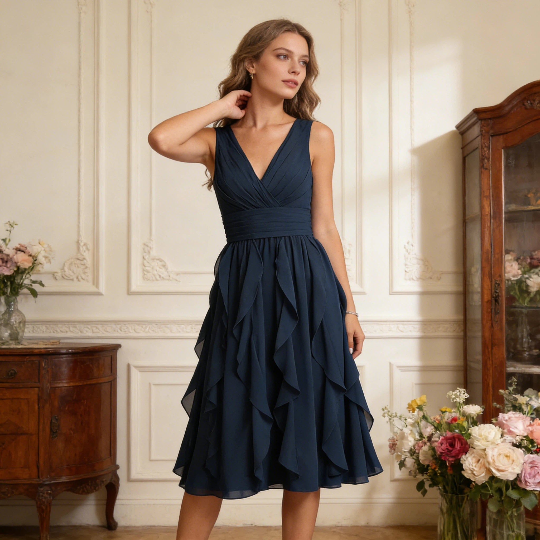 Elegantes Cocktailkleid Navyblau mit V-Ausschnitt und kaskadierenden Rüschen Midi