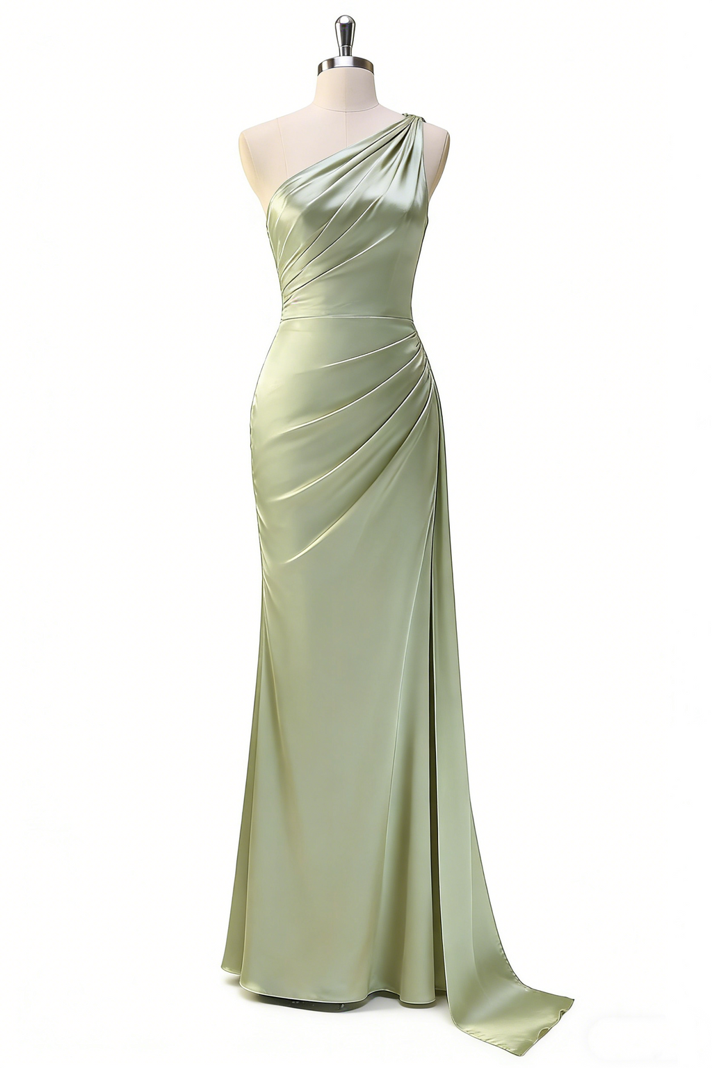 Exquisites One-Shoulder Abendkleid in Salbei – Satin- Meerjungfrau-Stil mit Beinschlitz