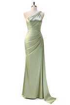 Exquisites One-Shoulder Abendkleid in Salbei – Satin- Meerjungfrau-Stil mit Beinschlitz